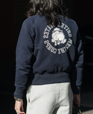 Navy raglan crewneck sweatshirt with Marine Corps graphic on back