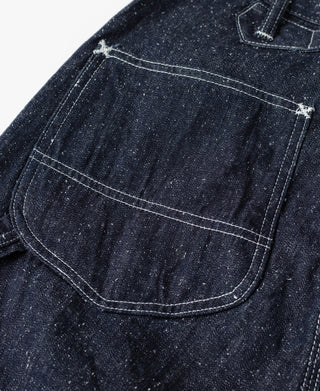 Indigo denim carpenter pants rounded flap pocket with crossbar stitching
