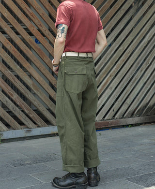 Olive utility fatigue pants with cargo-style pockets and cuffed ankles