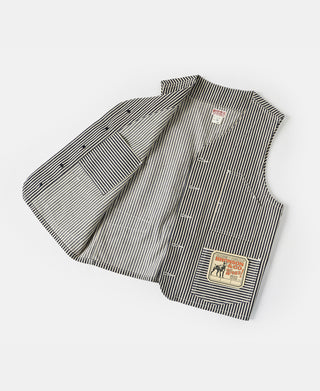 Striped vest with front button placket and brand logo patch label