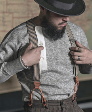 Gray heather side-closing henley shirt with white button placket, long sleeves