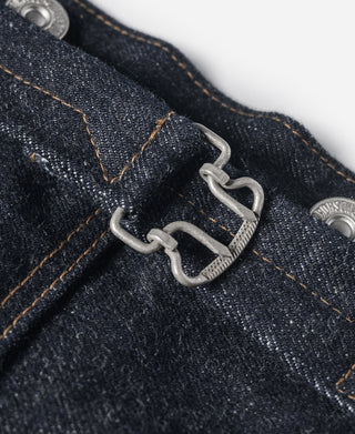 Indigo selvedge denim jeans—metal D-ring belt loop and copper rivet details