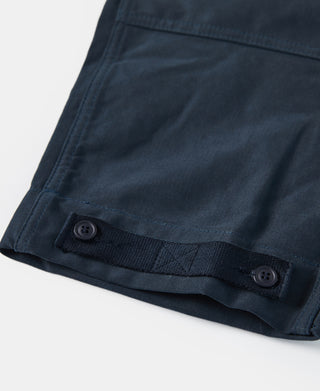 Navy deck pants cuff with two-button closure and stitched inner facing