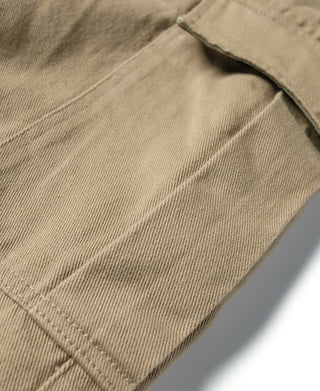 Khaki twill pants close-up of seam stitching and waistband edge