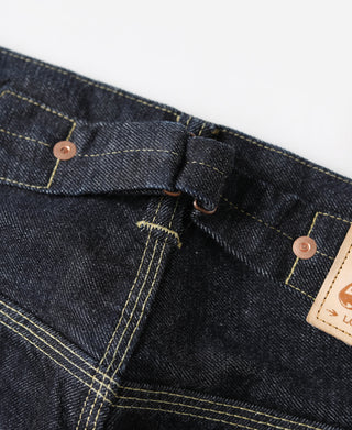 Indigo selvedge denim jeans waistband with button closure and belt loop stitching