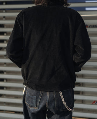 Black corduroy zip-up jacket back view, ribbed waistband and cuffs