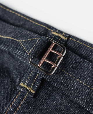 Indigo denim jeans metal buckle closure with double-prong bar