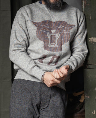 Heather gray crew-neck sweater with long sleeves and large panther graphic front