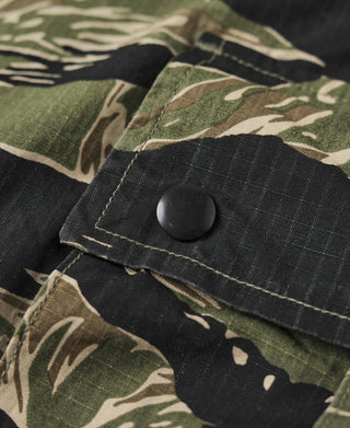 Tiger stripe camo fatigue pants with flap pocket and round button