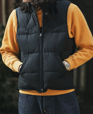 Black quilted padded vest with full front zipper and stand collar
