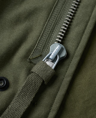 Olive field jacket zipper with metal pull and fabric tape