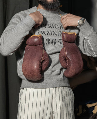 Gray crewneck raglan sweater with 'Physical Training 365' and brown boxing gloves.