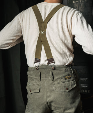 Olive X-back suspenders with shoulder straps and metal clasps