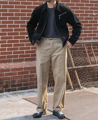 Black corduroy Cossack jacket with stand collar, front zipper, and chest pocket