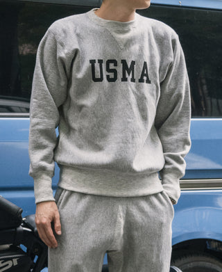 Gray crewneck sweatshirt with USMA chest print and ribbed cuffs