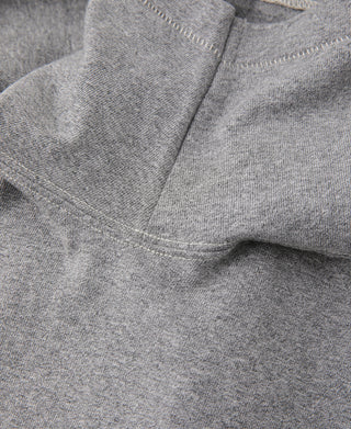 Gray crewneck collar and neckline seam detail close-up