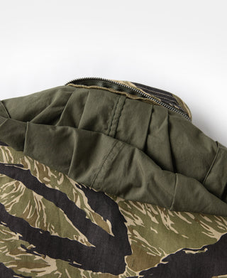 Camo tiger-stripe M-65 jacket interior lining and front zipper area