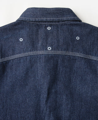 Denim workshirt back yoke with metal buttons and top-stitching, dark blue denim