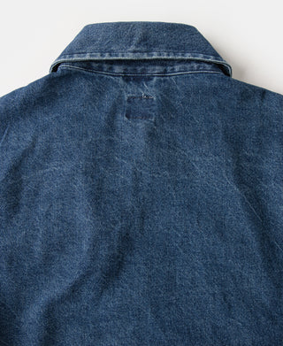 Indigo stonewashed denim work jacket, back view with collar and yoke