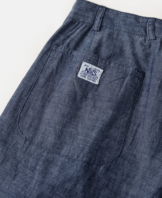 Indigo chambray pants back pocket with workwear brand patch