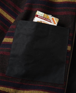 Black waxed jacket interior pocket panel with plaid lining edge