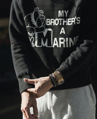 Black raglan sweatshirt front graphic: “MY BROTHER'S A MARINE” with bulldog