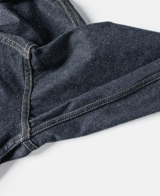 Indigo denim jacket cuff and seam stitching