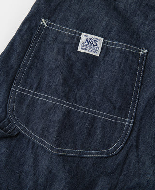 Indigo denim painter pants, curved chest pocket with stitched edge
