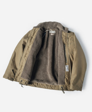 Khaki N-1 deck jacket interior view with gray lining and shearling collar