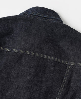 Indigo denim cowboy jacket back yoke with contrast yellow topstitching