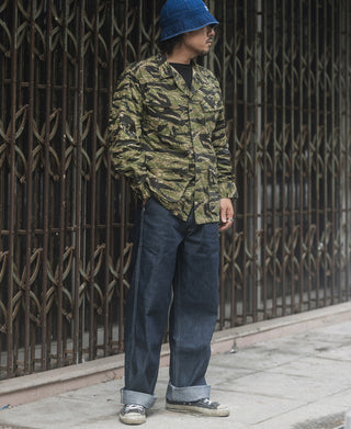Tiger stripe camo fatigue jacket with button-front and long sleeves