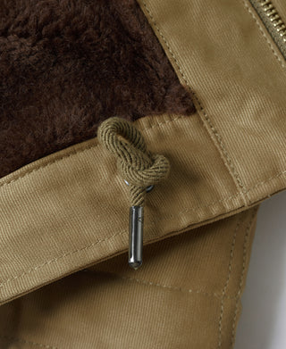 Khaki deck jacket with brown shearling collar and front zipper detail