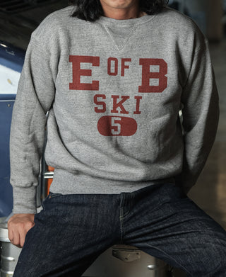 Gray sweater with red "E OF B SKI 5" chest graphic
