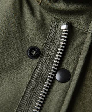 Olive field jacket zipper close-up with round snap buttons on placket