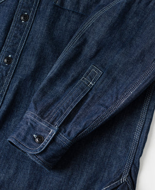 Indigo denim work shirt, front button placket and chest pockets with flaps