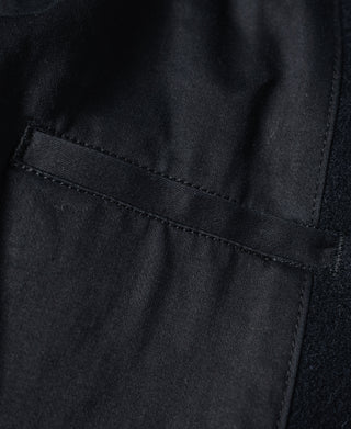 Navy peacoat pocket seam and stitched panel detail