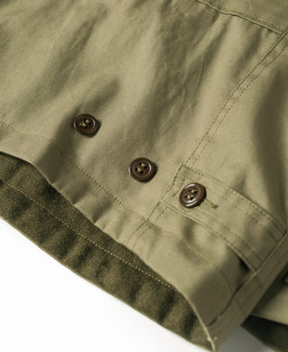 Olive field jacket front panel with dark buttons and reinforced seams