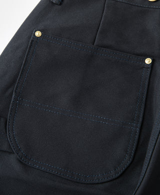 Navy canvas front pocket with curved pocket seam and small gold snap