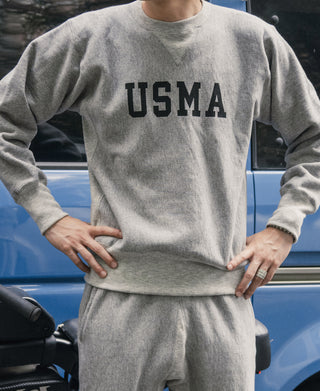 Gray crewneck sweatshirt with USMA chest print and ribbed waistband