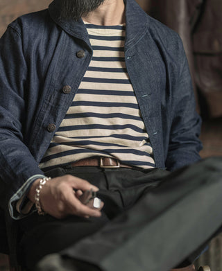 Navy and cream striped long-sleeve t-shirt with crew neck