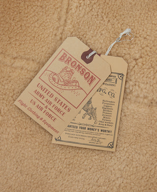 Bronson Co. hang tag on tan shearling lining with US Army Air Force text