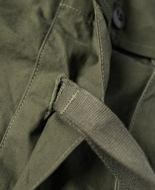 Olive fatigue pants pocket seam detail with textured fabric panel