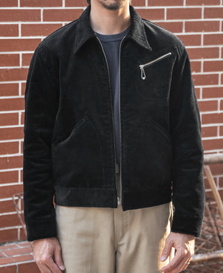Black corduroy Cossack jacket with stand collar and chest pocket detail