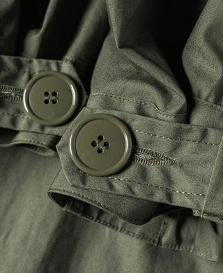 Olive M-65 parka cuff with two button closures and stitched strap tab