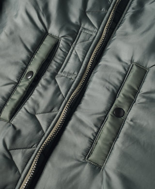 Olive MA-1 flight jacket, quilted front with central zipper and two snap pockets