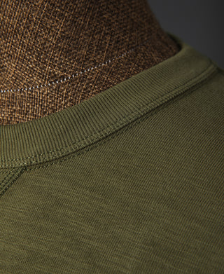 Green cotton t-shirt ribbed collar with V-stitch at neckline