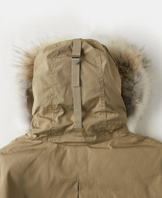 Khaki parka with faux fur hood trim and adjustable back strap
