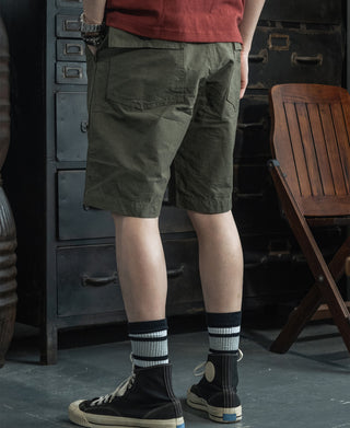 Olive fatigue utility shorts rear view with cargo pocket and straight leg cut