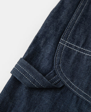 Indigo denim painter pants, cuff hem with stitched turn-up detail
