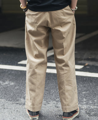Khaki chino pants close-up, cuffed ankles with stitched hems